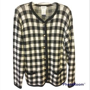 Gingham print knit sweater coat cardigan